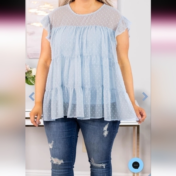 Blue flowy blouse with Dot design, sheer back. - Picture 1 of 5